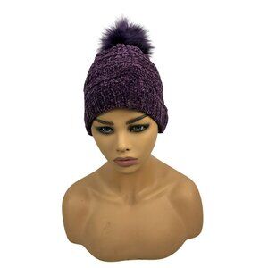 Purple Pearl Knit Beanie With Faux Fur Pom Pom One Size Cozy Style Soft